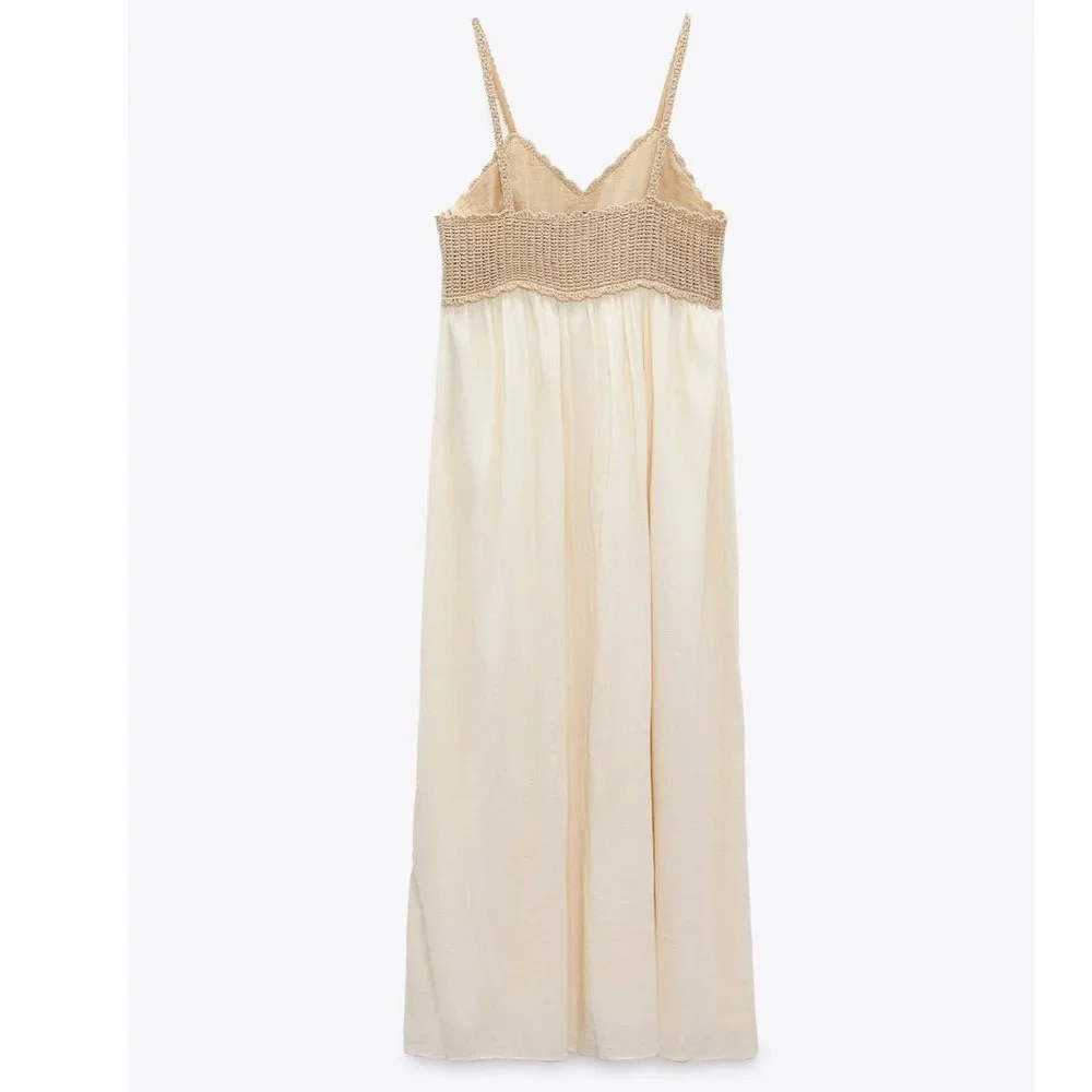 Zara Crochet Midi Dress Cream White Sz S NWT